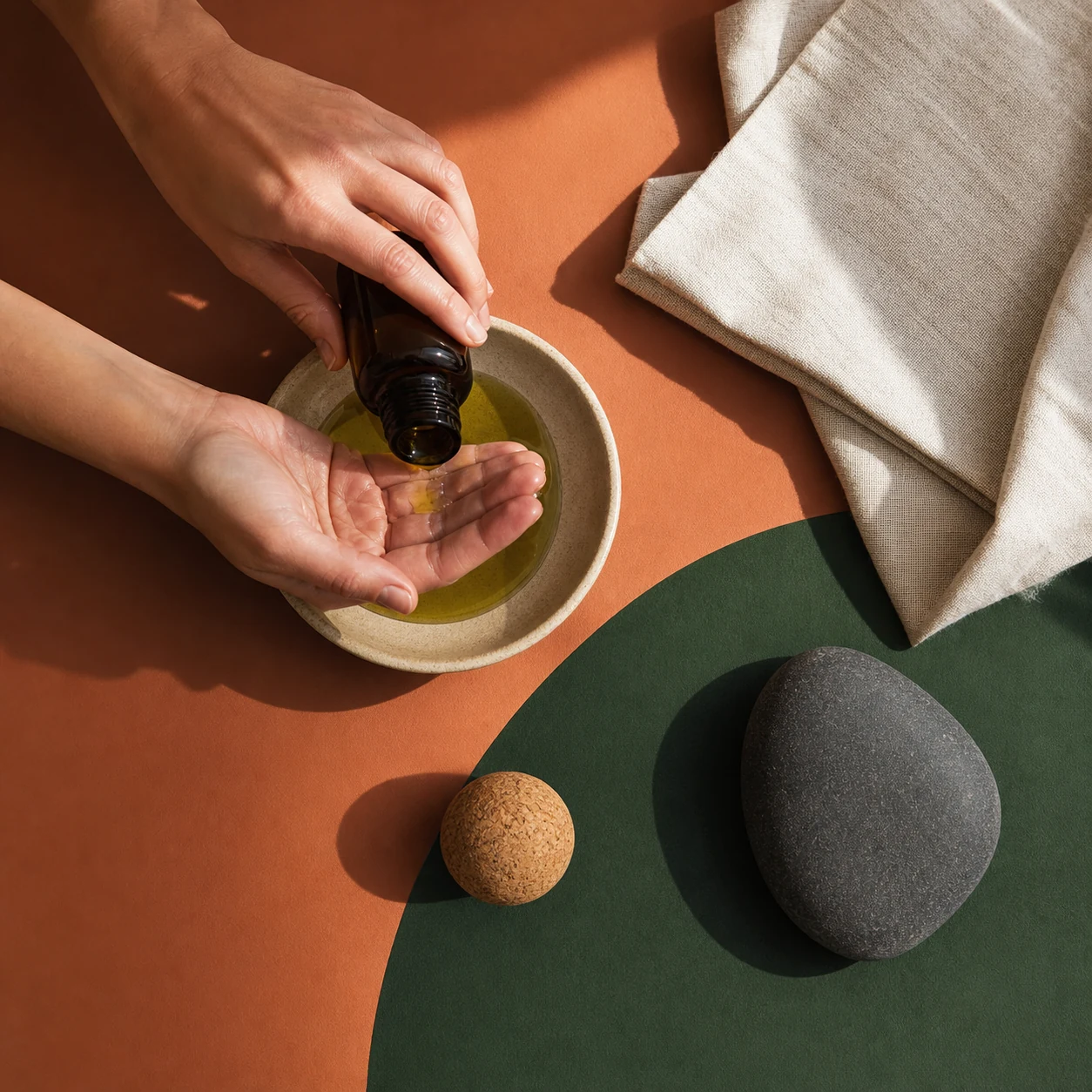 Massage oil, basalt stone and recovery tools